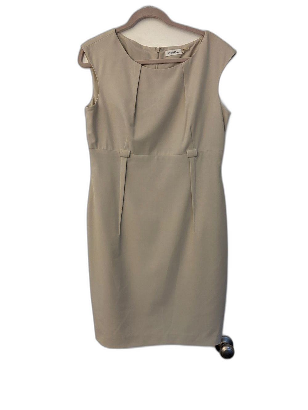 Calvin Klein Beige Pleated Neck Sheath Dress 14 Workwear Office Business Casual